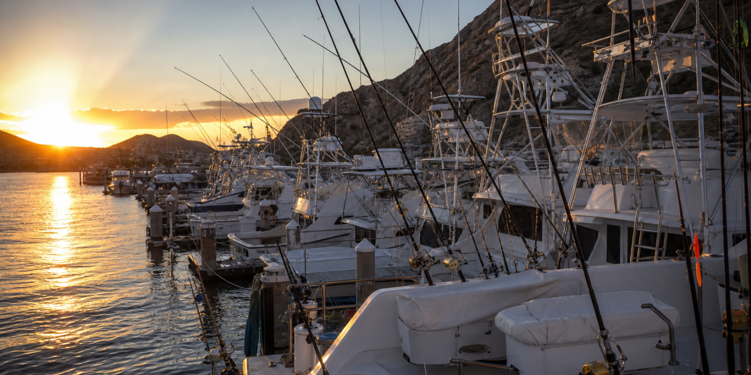 Lanchas de pesca deportiva en la marina de Cabo San Lucas al amanecer