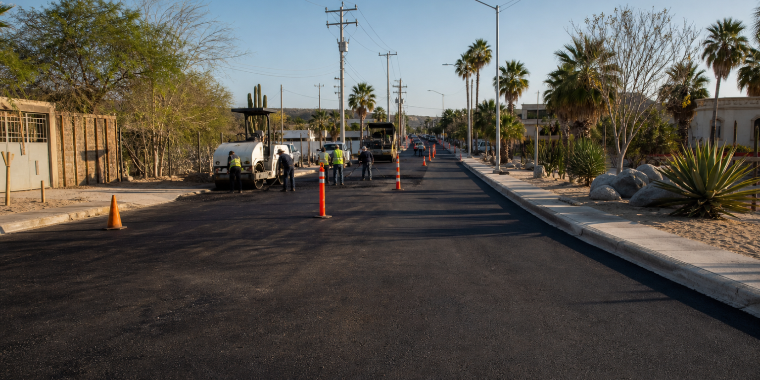 Imagen editorial de una calle en rehabilitacion y servicios publicos en Los Cabos