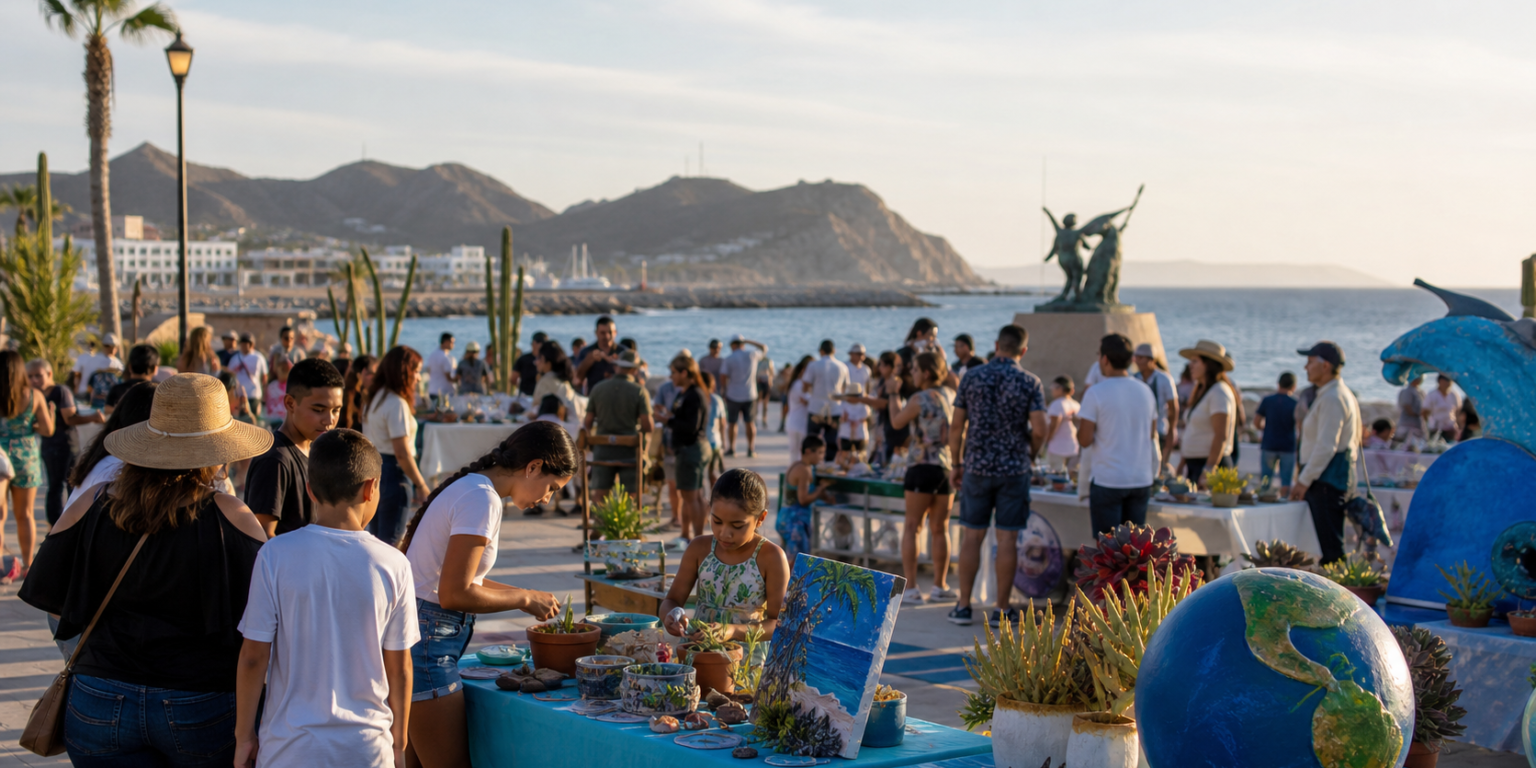 Evento comunitario frente al mar en Los Cabos con familias y mesas de actividades