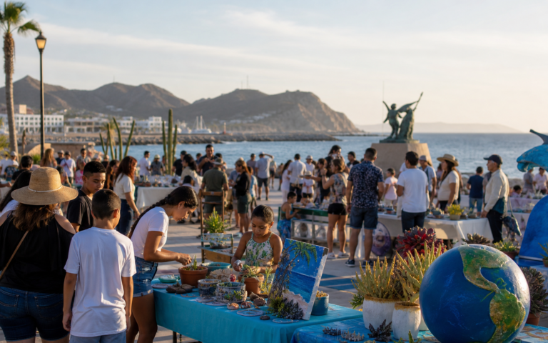 Evento comunitario frente al mar en Los Cabos con familias y mesas de actividades